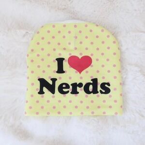 neon yellow pink polka dot i ❤️ nerds beanie